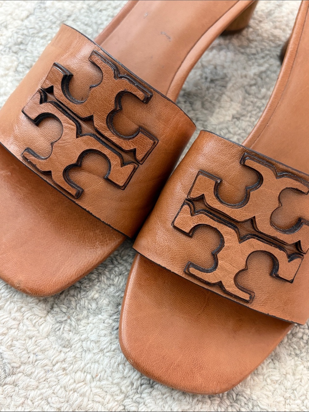 Tory Burch Ines Heeled  Mule Cognac Leather Logo - Picture 9 of 15